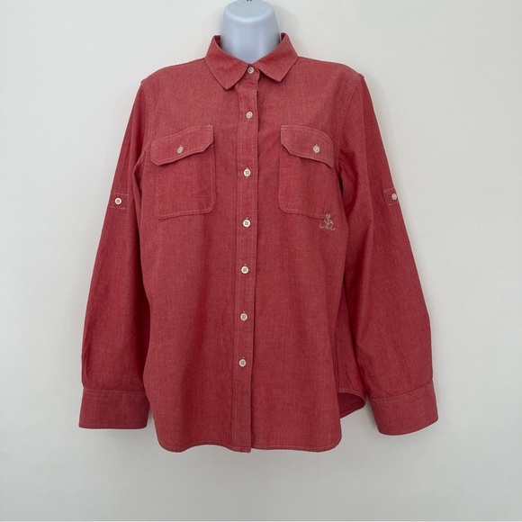 Lauren Jeans Co Red Button Embroidered Roll Tab Sleeve Shirt - Picture 1 of 14